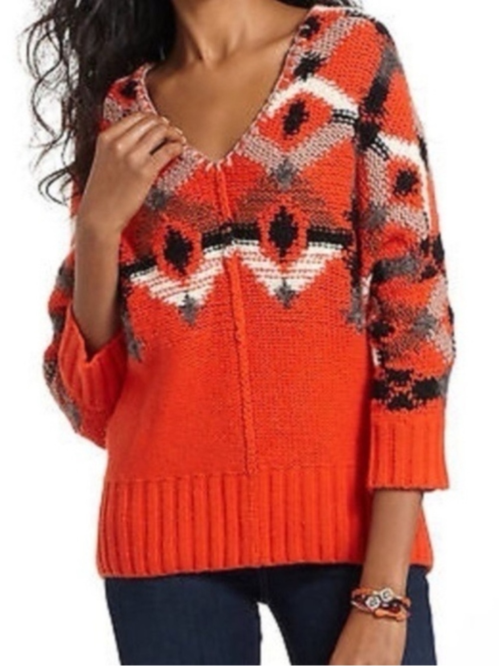Anthropologie Fiets Voor 2 Orange Nordic Chunky V-Neck Sweater Large